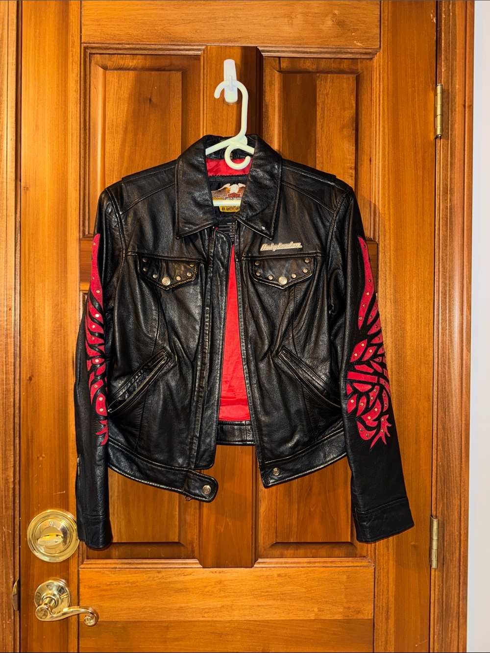 Harley-Davidson Black Leather Jacket with Red Sleeve Graphics